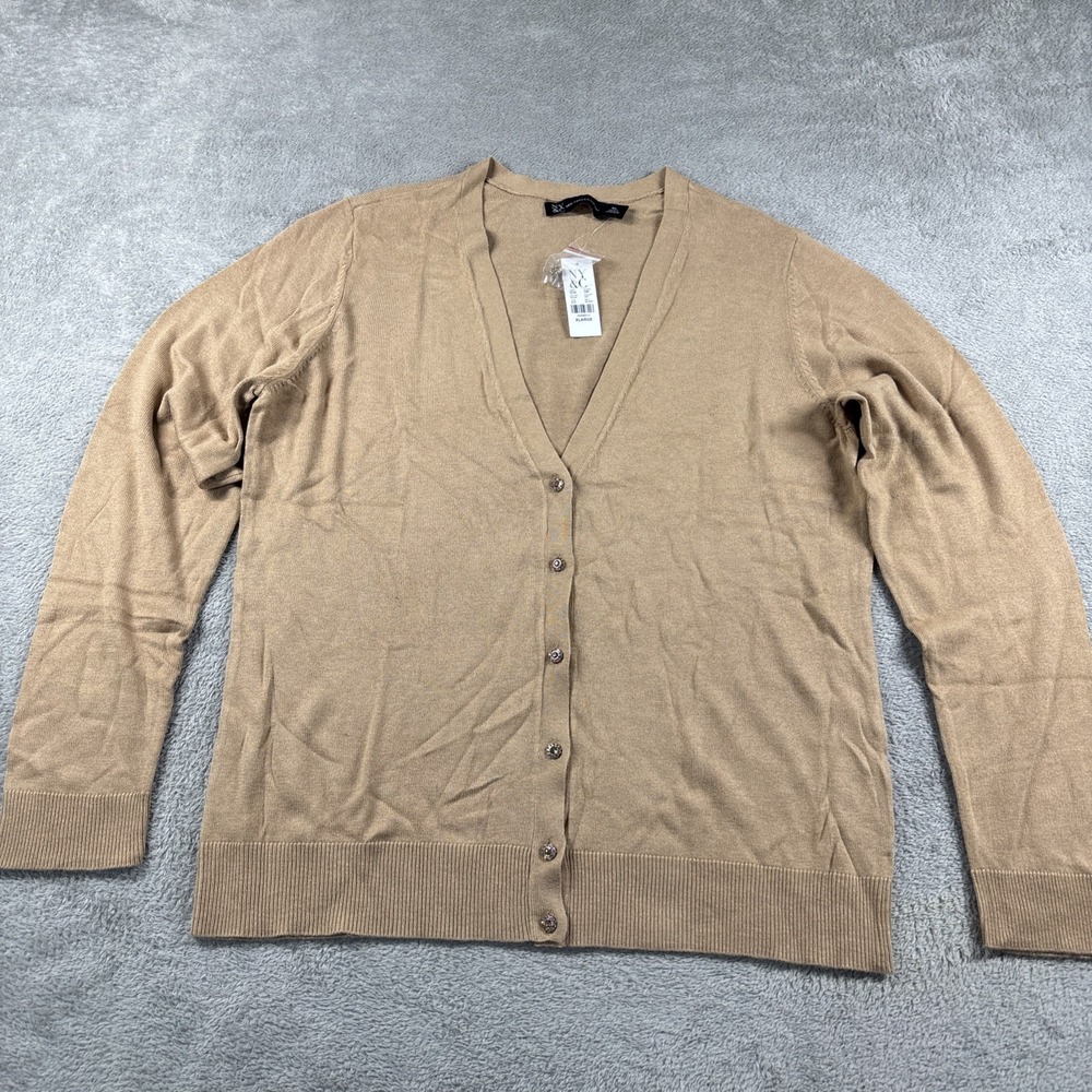 NEW YORK & COMPANY Tan V-Neck Floral Button Cardigan Sweater Women's Sz XL New